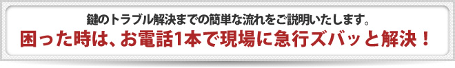 鍵のトラブル解決までの簡単な流れをご説明いたします。 困った時は、お電話1本で現場に急行ズバッと解決！